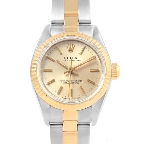 This image shows a front view of a Rolex Oyster Perpetual 67193 Women's Steel and Gold (two tone) Silver Dial 67193 Women's Steel and Gold (two tone) Silver Dial watch, highlighting its gold and silver bracelet, dial, and bezel.