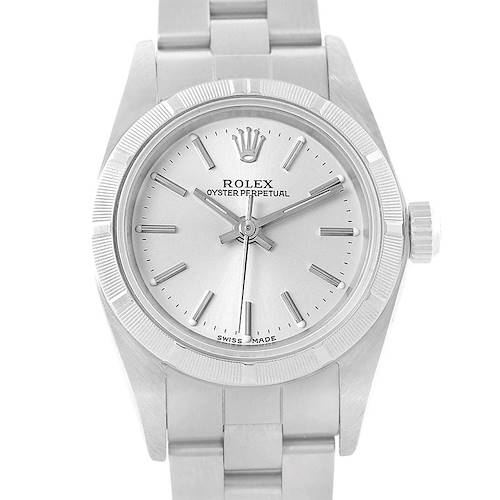 The image shows a front view of the Rolex Oyster Perpetual 76030 Women's Stainless Steel Silver Dial 76030 Women's Stainless Steel Silver Dial watch, highlighting the dial, bezel, and part of the bracelet.