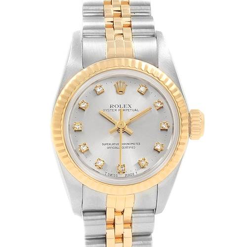 The image shows a frontal view of a Rolex Oyster Perpetual 67193 Women's Steel and Gold (two tone) Silver Dial 67193 Women's Steel and Gold (two tone) Silver Dial watch, depicting its face, bezel, and bracelet.