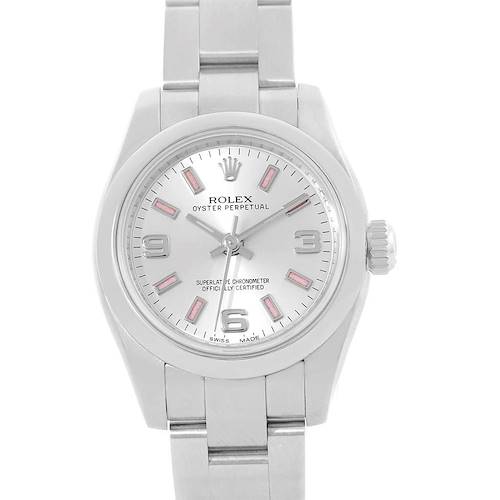 This image shows a Rolex Oyster Perpetual 176200 Women's Stainless Steel Silver Dial 176200 Women's Stainless Steel Silver Dial watch from a straight-on angle, displaying its dial, bracelet, and crown.