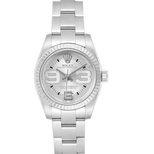 This image shows a front view of a Rolex Oyster Perpetual 176234 Women's Stainless Steel Silver Dial 176234 Women's Stainless Steel Silver Dial watch, displaying the face, bezel, and part of the bracelet.