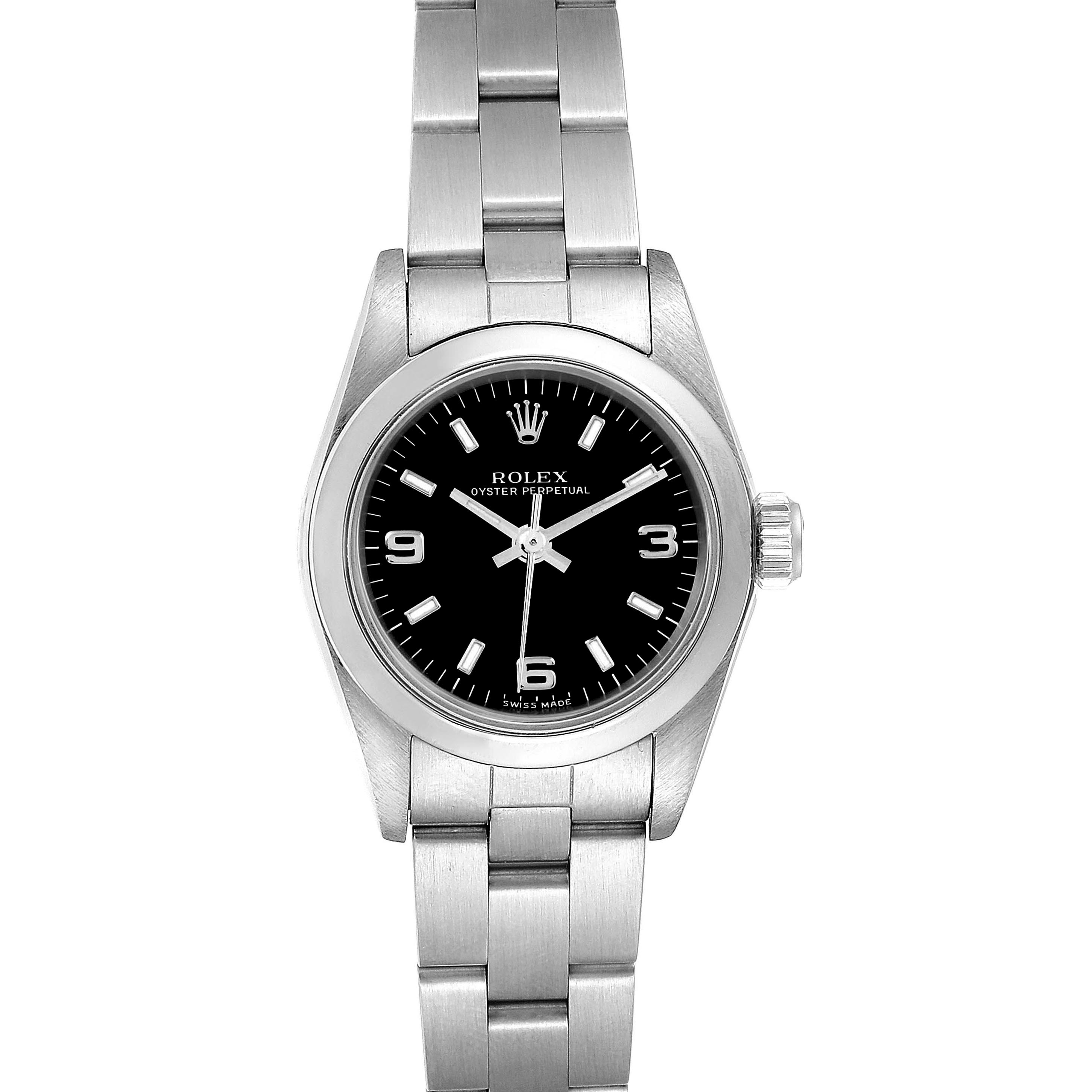 The image shows a front view of a Rolex Oyster Perpetual 76080 Women's Stainless Steel Black Dial 76080 Women's Stainless Steel Black Dial watch, displaying its face, bezel, and bracelet.