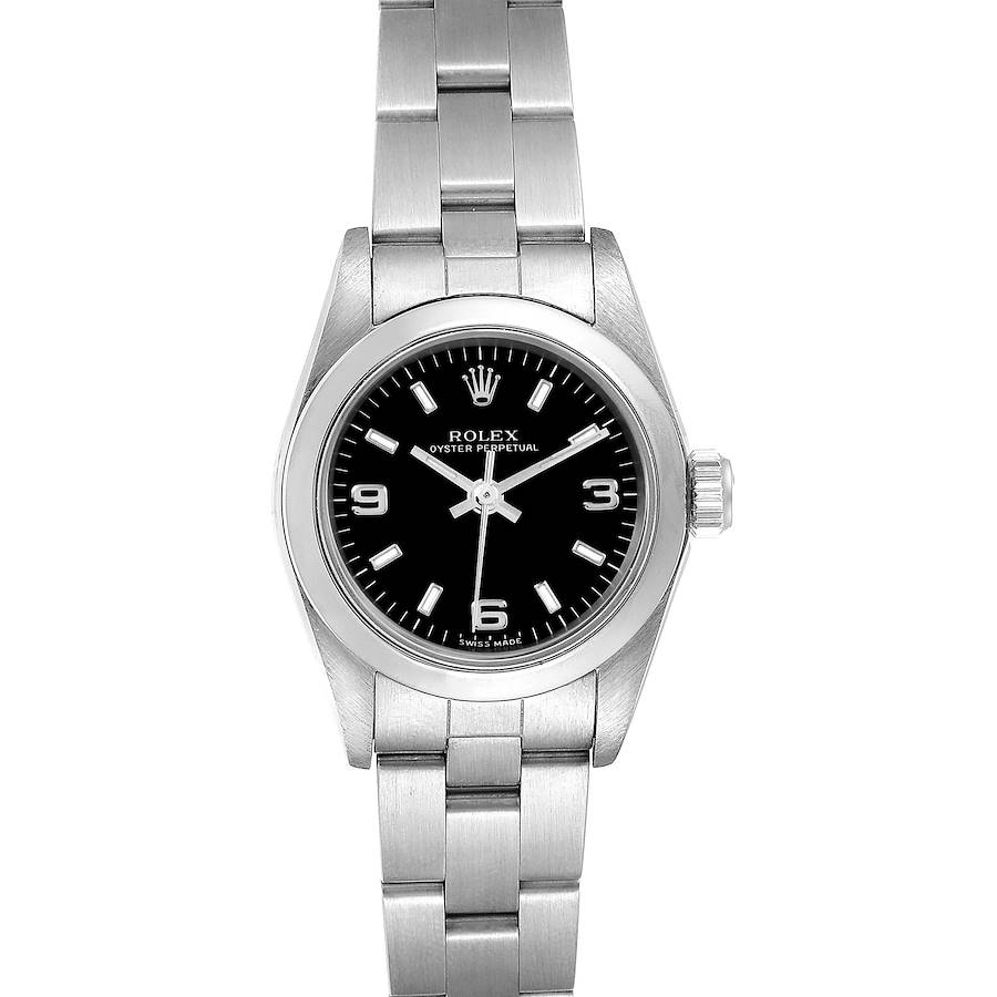 The image shows a front view of a Rolex Oyster Perpetual 76080 Women's Stainless Steel Black Dial 76080 Women's Stainless Steel Black Dial watch, displaying its face, bezel, and bracelet.