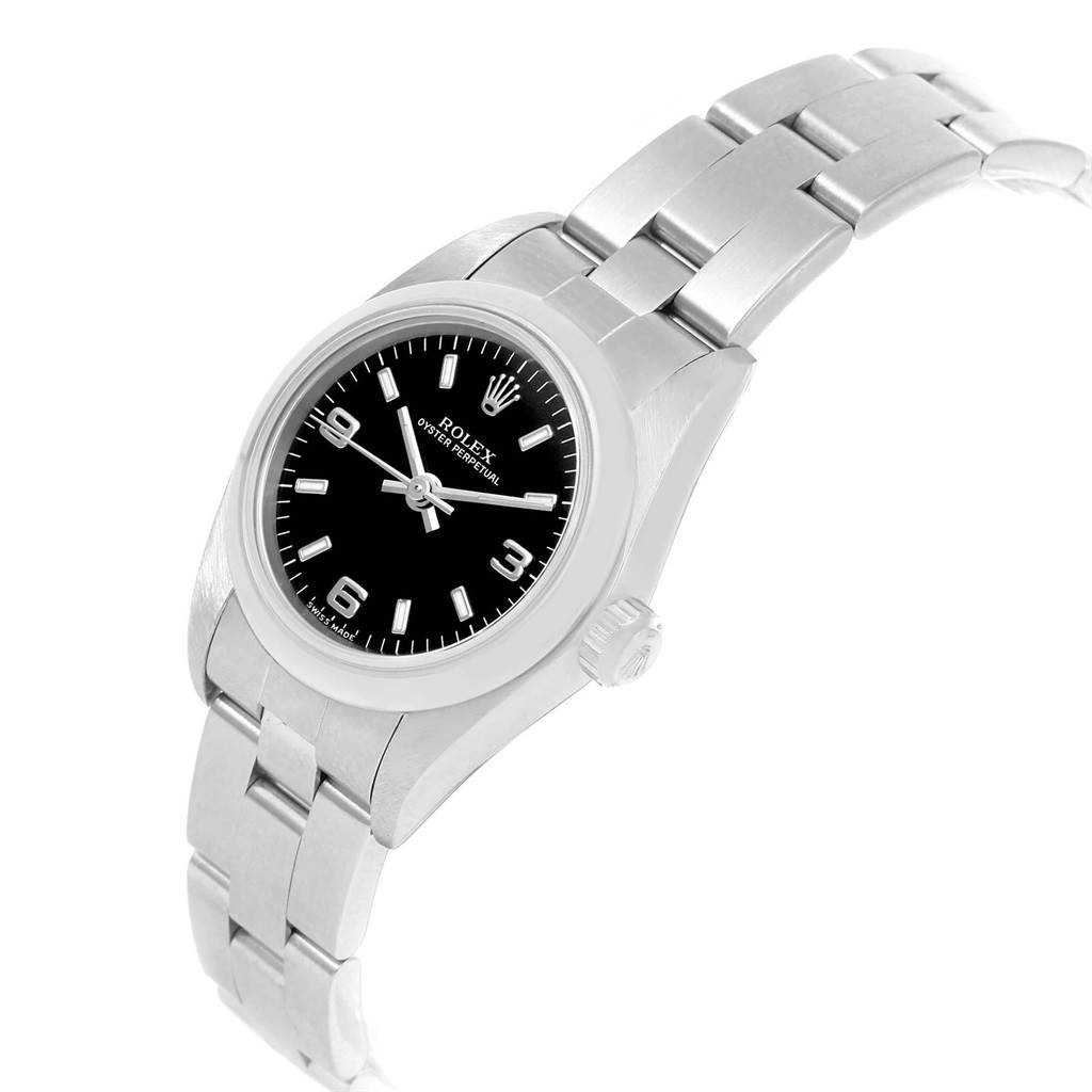 The image shows a side view of a Rolex Oyster Perpetual 76080 Women's Stainless Steel Black Dial 76080 Women's Stainless Steel Black Dial watch, displaying its face, crown, and part of the bracelet.