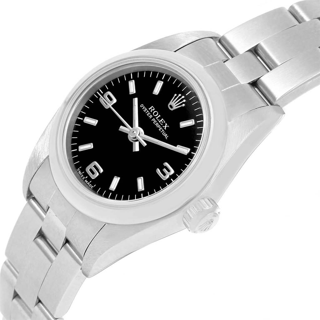 This image shows a Rolex Oyster Perpetual 76080 Women's Stainless Steel Black Dial 76080 Women's Stainless Steel Black Dial watch at a three-quarter angle, revealing the dial, case, crown, and part of the bracelet.