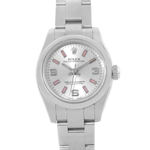 This image shows a front view of a Rolex Oyster Perpetual 176200 Women's Stainless Steel Silver Dial 176200 Women's Stainless Steel Silver Dial watch, detailing its face, hour markers, and metal bracelet.