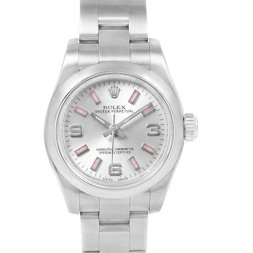 The image shows a front view of a Rolex Oyster Perpetual 176200 Women's Stainless Steel Silver Dial 176200 Women's Stainless Steel Silver Dial watch, highlighting its face, bezel, dial, and bracelet.