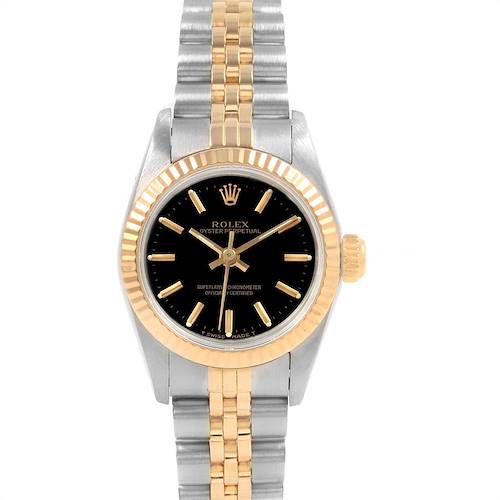 This Rolex Oyster Perpetual 67193 Women's Steel and Gold (two tone) Black Dial 67193 Women's Steel and Gold (two tone) Black Dial watch is shown from the front, displaying the dial, bezel, crown, and bracelet.