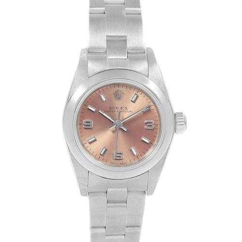 The image shows a frontal view of the Rolex Oyster Perpetual 76080 Women's Stainless Steel Pink Dial 76080 Women's Stainless Steel Pink Dial watch with its dial, hands, and bracelet visible.