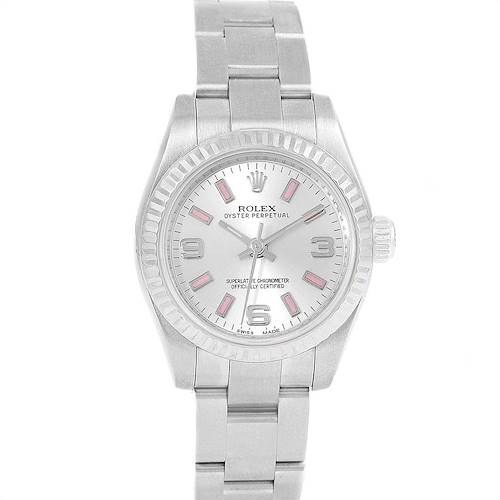 This Rolex Oyster Perpetual 176234 Women's Stainless Steel Silver Dial 176234 Women's Stainless Steel Silver Dial watch is shown from a front angle, displaying the face, bezel, crown, and part of the bracelet.