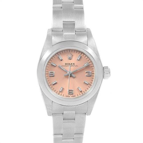 The image shows a front view of a Rolex Oyster Perpetual 76080 Women's Stainless Steel Pink Dial 76080 Women's Stainless Steel Pink Dial watch with a pink dial and silver bracelet.