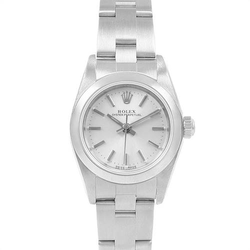 The image shows a front view of a Rolex Oyster Perpetual 76080 Women's Stainless Steel Silver Dial 76080 Women's Stainless Steel Silver Dial watch, displaying its face, bezel, crown, and bracelet.
