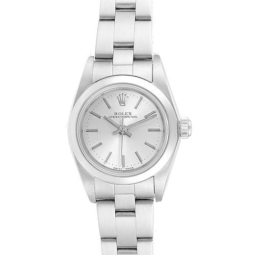 This image shows a frontal view of a Rolex Oyster Perpetual 76080 Women's Stainless Steel Silver Dial 76080 Women's Stainless Steel Silver Dial watch, highlighting its face, bezel, crown, and bracelet.