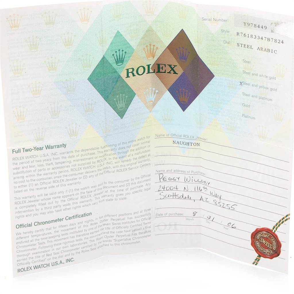 The image shows the warranty and certification paperwork for a Rolex Oyster Perpetual 76183 Women's Steel and Gold (two tone) Grey Dial 76183 Women's Steel and Gold (two tone) Grey Dial watch model.
