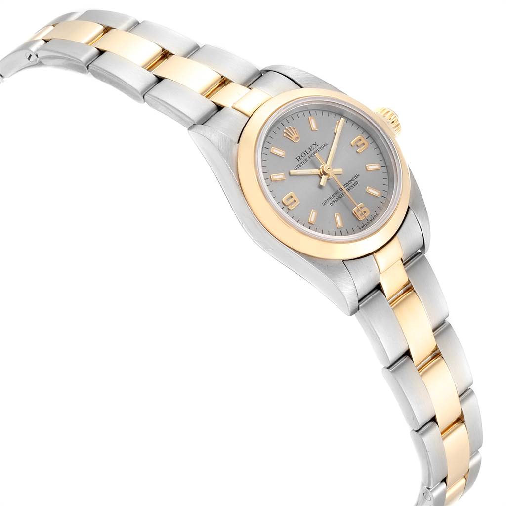 The image shows a Rolex Oyster Perpetual 76183 Women's Steel and Gold (two tone) Grey Dial 76183 Women's Steel and Gold (two tone) Grey Dial watch at a slight angle, highlighting the case, bracelet, and dial.