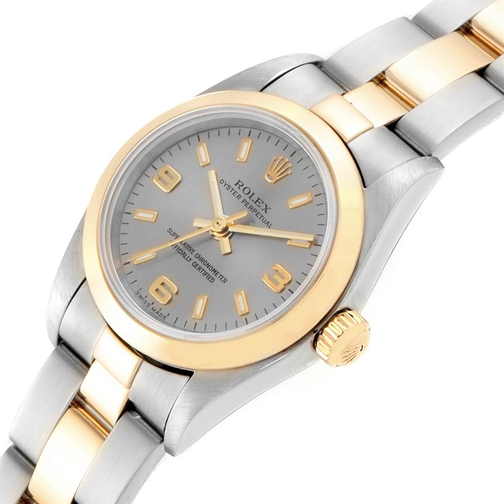 The image shows a Rolex Oyster Perpetual 76183 Women's Steel and Gold (two tone) Grey Dial 76183 Women's Steel and Gold (two tone) Grey Dial model watch at a slight angle, highlighting the dial, crown, and part of the two-tone bracelet.
