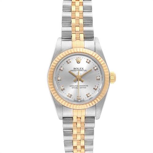 The image shows a front view of a Rolex Oyster Perpetual 76193 Women's Steel and Gold (two tone) Silver Dial 76193 Women's Steel and Gold (two tone) Silver Dial watch with a two-tone bracelet and diamond markers.