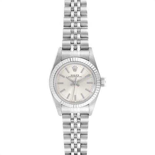 This image shows a front view of the Rolex Oyster Perpetual 67194 Women's Stainless Steel Silver Dial 67194 Women's Stainless Steel Silver Dial watch, displaying its dial, bezel, case, and bracelet.