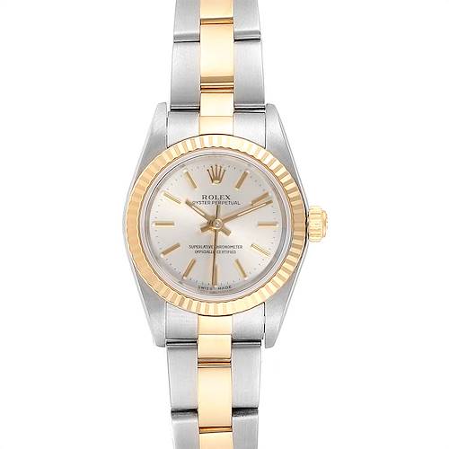 This image shows a front view of the Rolex Oyster Perpetual 76193 Women's Steel and Gold (two tone) Silver Dial 76193 Women's Steel and Gold (two tone) Silver Dial watch, highlighting its dial, hands, bezel, and bracelet.