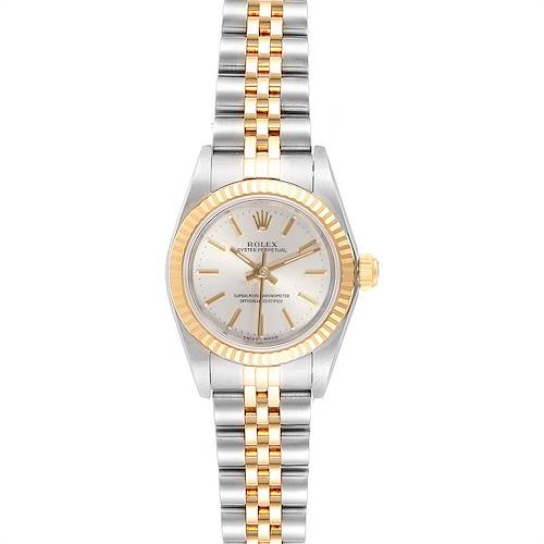 This image shows the front view of a Rolex Oyster Perpetual 76193 Women's Steel and Gold (two tone) Silver Dial 76193 Women's Steel and Gold (two tone) Silver Dial watch, highlighting the dial, bezel, and bracelet.