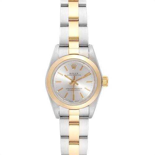 The image shows a front view of the Rolex Oyster Perpetual 67183 Women's Steel and Gold (two tone) Silver Dial 67183 Women's Steel and Gold (two tone) Silver Dial watch, highlighting its two-tone bracelet and dial.