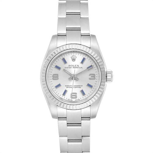 The Rolex Oyster Perpetual 176234 Women's Stainless Steel Silver Dial 176234 Women's Stainless Steel Silver Dial watch is shown from a front angle, displaying the face and band.