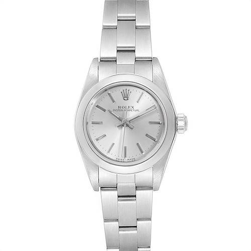 This is a frontal view of the Rolex Oyster Perpetual 76080 Women's Stainless Steel Silver Dial 76080 Women's Stainless Steel Silver Dial, showing the watch face, bezel, case, and bracelet.