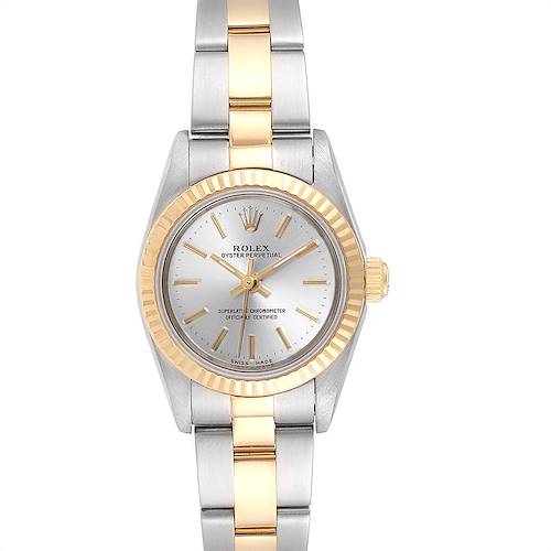 This image shows a frontal view of a Rolex Oyster Perpetual 76193 Women's Steel and Gold (two tone) Silver Dial 76193 Women's Steel and Gold (two tone) Silver Dial watch, highlighting its silver dial, gold bezel, and two-tone metal bracelet.