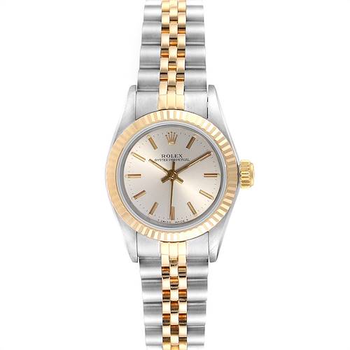 The image shows a frontal view of a Rolex Oyster Perpetual 67193 Women's Steel and Gold (two tone) Silver Dial 67193 Women's Steel and Gold (two tone) Silver Dial watch featuring a two-tone bracelet and fluted bezel.