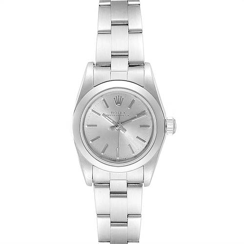 This image shows a Rolex Oyster Perpetual 76080 Women's Stainless Steel Silver Dial 76080 Women's Stainless Steel Silver Dial watch from a top-down angle, highlighting its dial, case, and metal bracelet.
