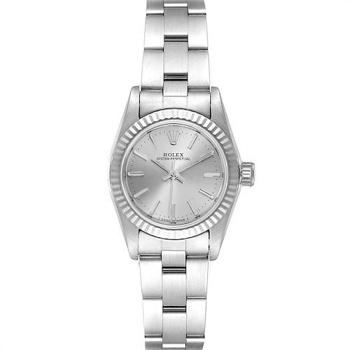 This is a front view of a Rolex Oyster Perpetual 67194 Women's Stainless Steel Silver Dial 67194 Women's Stainless Steel Silver Dial watch showcasing the dial, bezel, and bracelet.
