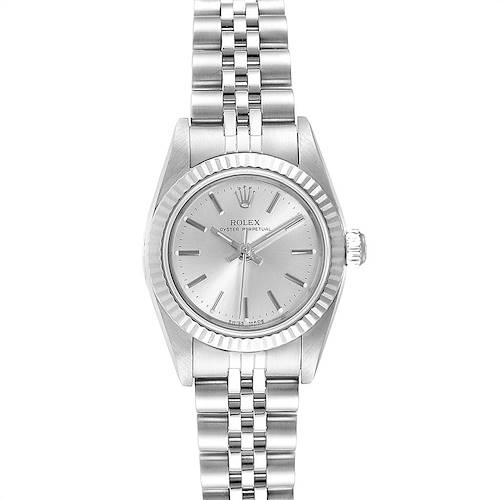 The image shows a Rolex Oyster Perpetual 76094 Women's Stainless Steel Silver Dial 76094 Women's Stainless Steel Silver Dial watch from a top-down angle, displaying its face, bezel, case, and bracelet.