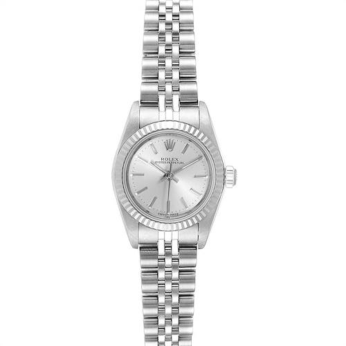 The image shows a front view of a Rolex Oyster Perpetual 76094 Women's Stainless Steel Silver Dial 76094 Women's Stainless Steel Silver Dial watch, showcasing the dial, bezel, and bracelet.