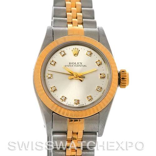 The Rolex Oyster Perpetual 67193 Women's Steel and Gold (two tone) Silver Dial 67193 Women's Steel and Gold (two tone) Silver Dial watch is shown from the front, displaying the dial, bezel, crown, and bracelet.