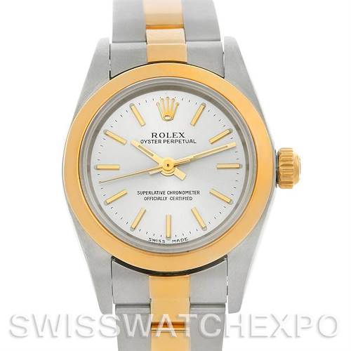The image shows a front view of a Rolex Oyster Perpetual 76183 Women's Steel and Gold (two tone) Silver Dial 76183 Women's Steel and Gold (two tone) Silver Dial watch, highlighting its dial, bezel, and part of the bracelet.