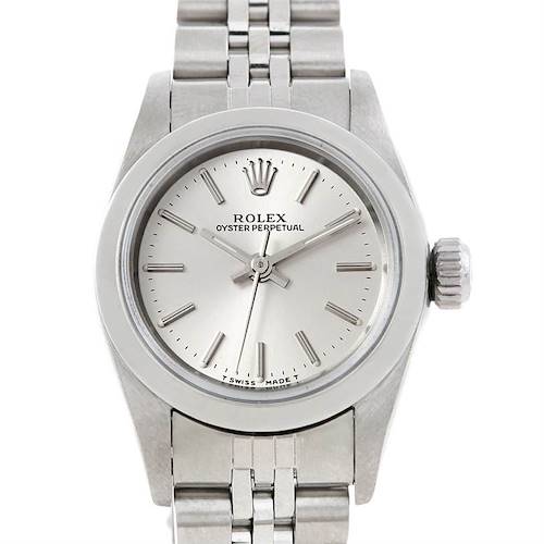 This image shows a front view of the Rolex Oyster Perpetual 67180 Women's Stainless Steel Silver Dial 67180 Women's Stainless Steel Silver Dial watch, highlighting its dial and part of the bracelet.