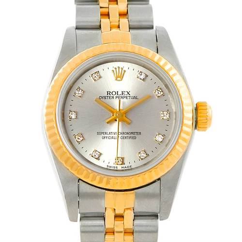 This image shows a front view of a Rolex Oyster Perpetual 76193 Women's Steel and Gold (two tone) Silver Dial 76193 Women's Steel and Gold (two tone) Silver Dial watch, displaying its dial, hands, bezel, and bracelet.