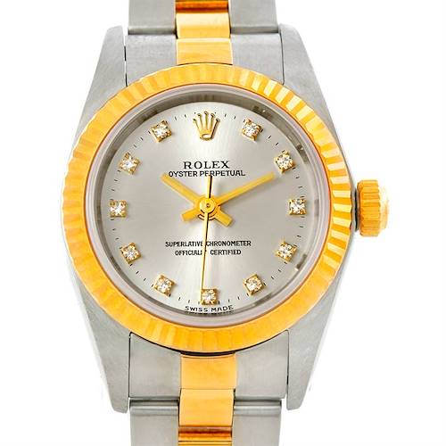 This image shows a frontal view of a Rolex Oyster Perpetual 76193 Women's Steel and Gold (two tone) Silver Dial 76193 Women's Steel and Gold (two tone) Silver Dial watch, featuring a two-tone bracelet and a diamond-set dial.