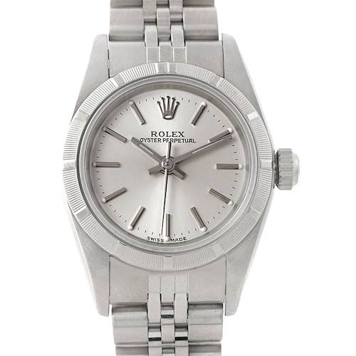 The image shows a front view of a Rolex Oyster Perpetual 76030 Women's Stainless Steel Silver Dial 76030 Women's Stainless Steel Silver Dial watch, highlighting its dial, bezel, crown, and part of the bracelet.