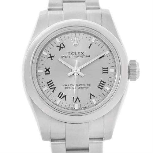 This image of a Rolex Oyster Perpetual 176200 Women's Stainless Steel Silver Dial 176200 Women's Stainless Steel Silver Dial watch shows its face, bezel, crown, and part of the bracelet from a top-down angle.