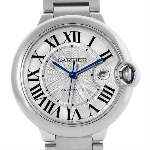 The image shows a front view of the Cartier Ballon Bleu W69012Z4 Men's Stainless Steel Silver Dial W69012Z4 Men's Stainless Steel Silver Dial watch, highlighting its face, Roman numerals, and metal bracelet.