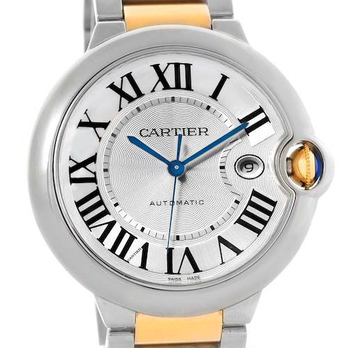 The image shows a front view of the Cartier Ballon Bleu 10524 Men's Stainless Steel Silver Dial 10524 Men's Stainless Steel Silver Dial watch, highlighting its dial, Roman numerals, and crown.