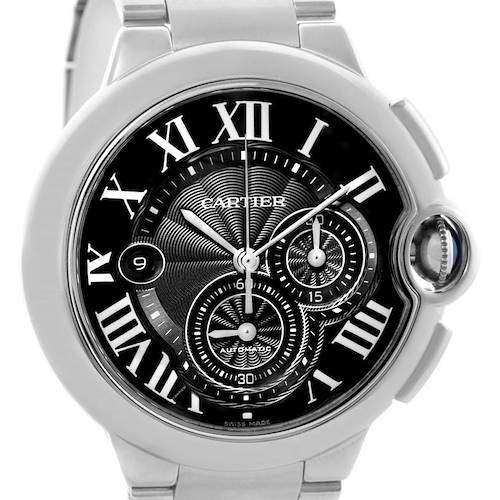 The image shows a close-up of the dial and bezel of a Ballon Bleu by Cartier watch, highlighting its Roman numerals and subdials.