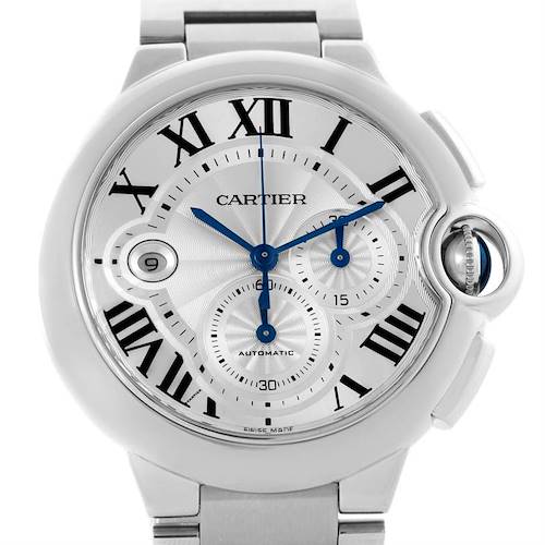 The image shows a front view of a Cartier Ballon Bleu W6920002 Men's Stainless Steel Silver Dial W6920002 Men's Stainless Steel Silver Dial watch, highlighting its face, Roman numerals, and the crown with its distinctive blue cabochon.