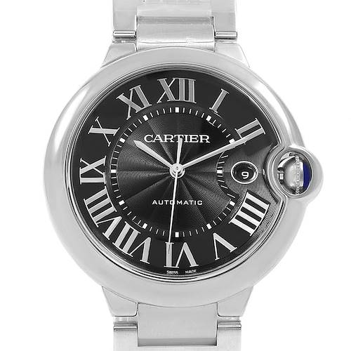 The image shows a front view of the Cartier Ballon Bleu W6920042 Men's Stainless Steel Black Dial W6920042 Men's Stainless Steel Black Dial watch, highlighting its black dial, Roman numerals, and metallic bracelet.