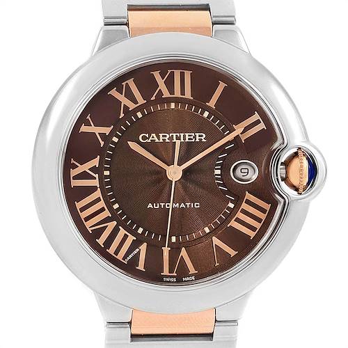 This image shows a front view of the Ballon Bleu model watch by Cartier, highlighting the face, hands, and date window at 3 o'clock.