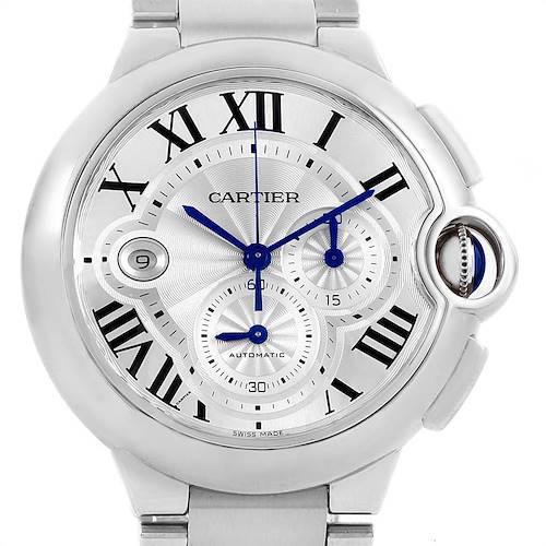 The image shows a front view of the Cartier Ballon Bleu W6920002 Men's Stainless Steel Silver Dial W6920002 Men's Stainless Steel Silver Dial watch, highlighting its face, blue hands, and Roman numerals.