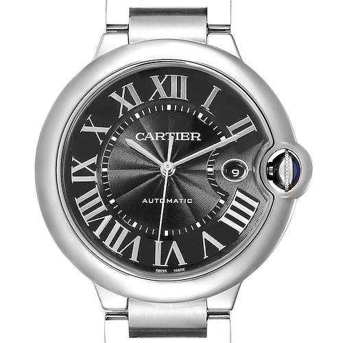This image shows a front view of the Cartier Ballon Bleu W6920042 Men's Stainless Steel Black Dial W6920042 Men's Stainless Steel Black Dial watch, highlighting its black dial, Roman numerals, and date display.