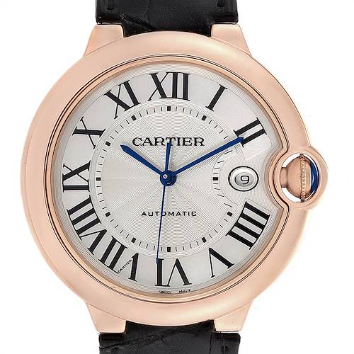 The image shows a front view of the Cartier Ballon Bleu WGBB0017 Men's Rose Gold Silver Dial WGBB0017 Men's Rose Gold Silver Dial watch, highlighting its face, bezel, crown, and strap.