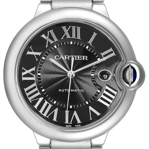 This image shows a close-up of the dial and bezel of the Cartier Ballon Bleu W6920042 Men's Stainless Steel Black Dial W6920042 Men's Stainless Steel Black Dial watch, highlighting its Roman numerals and date window.